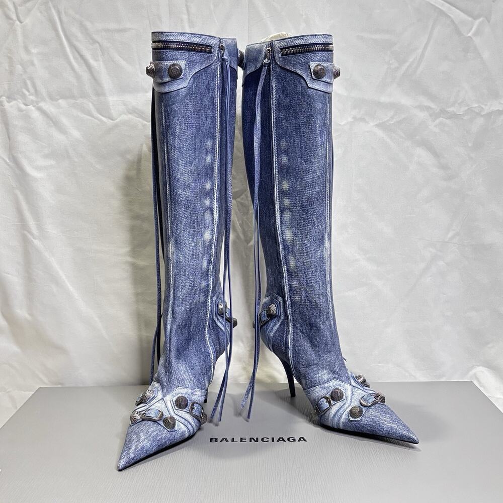 BALENCIAGA Cagole Denim Printed Leather Boots Blue Sz 40 US 10
